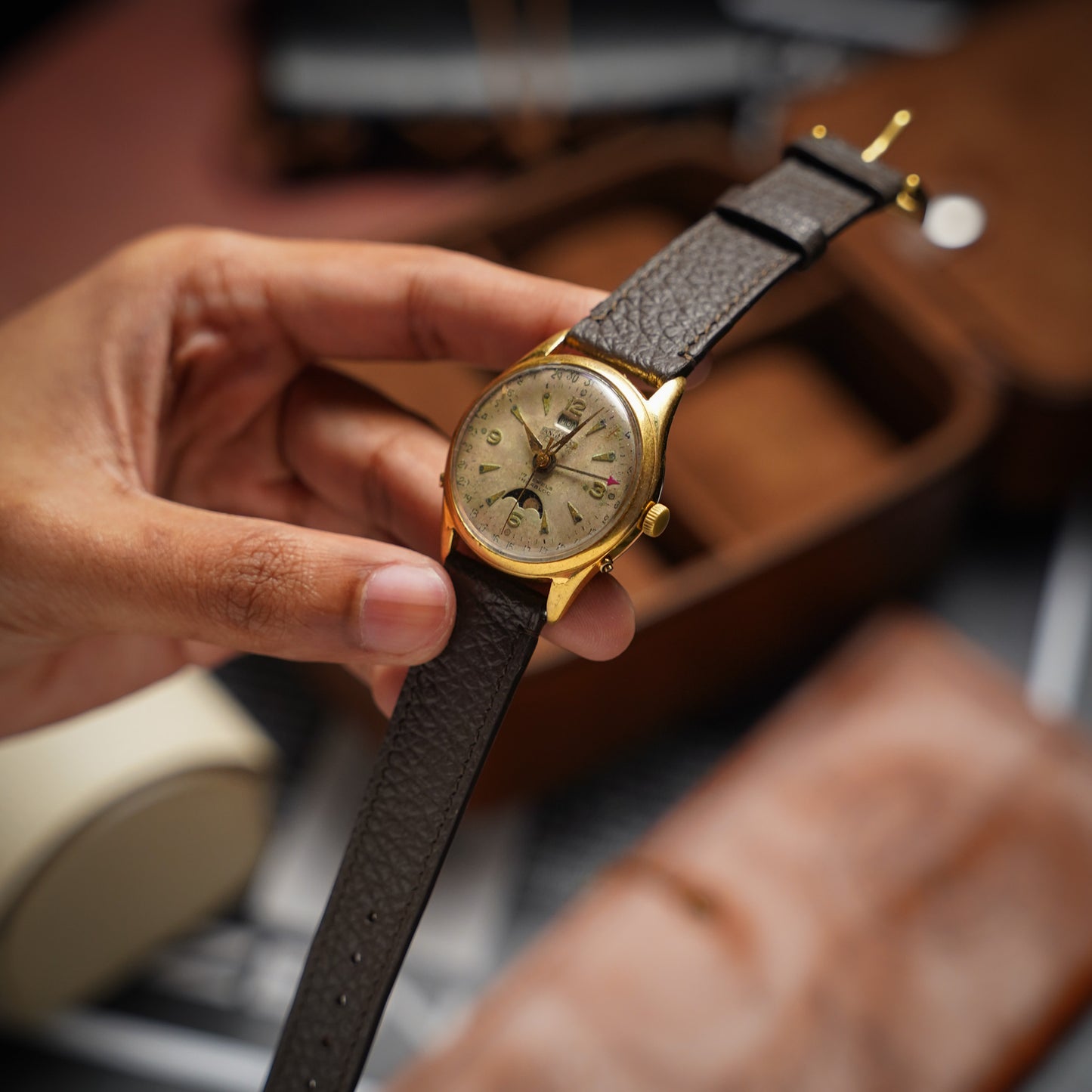 Bespoke Handmade Cocoa Brown Watch Strap on Vintage Angelus Datoluxe
