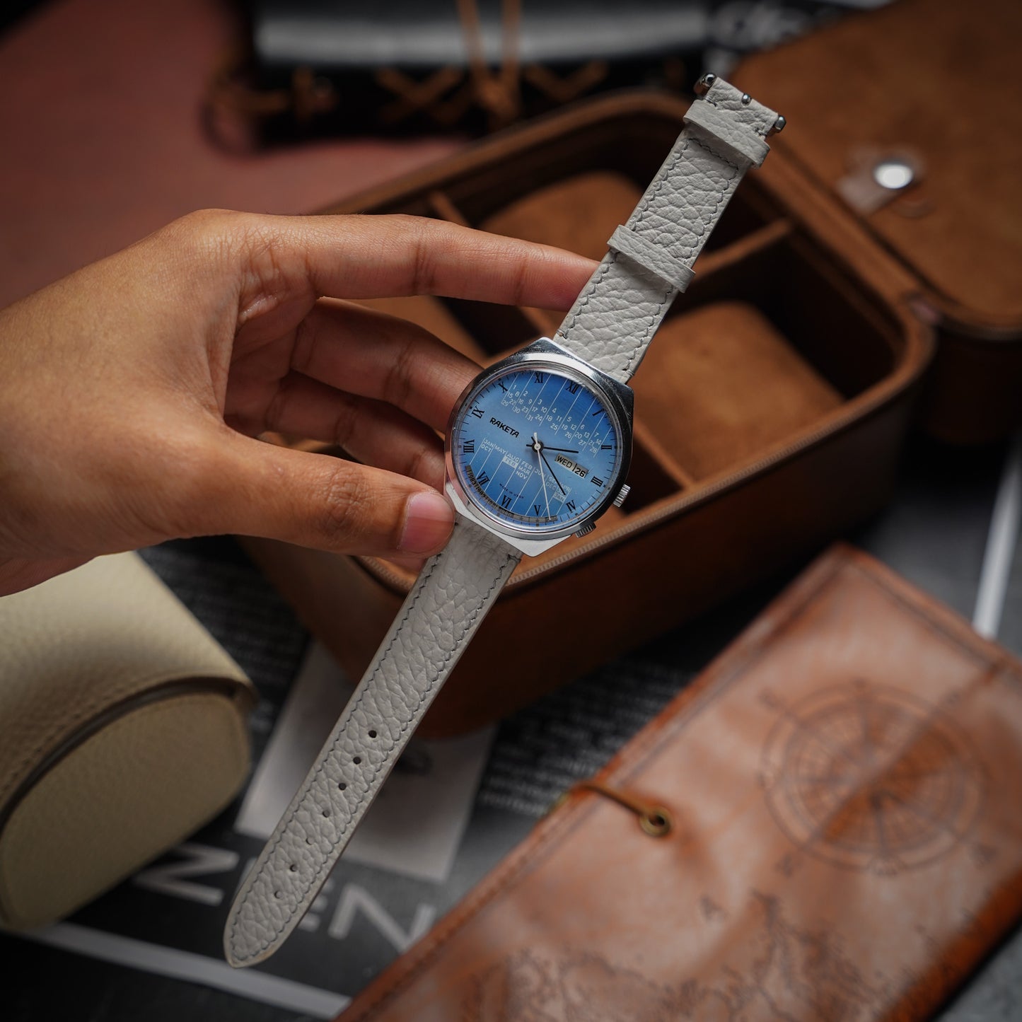 Bespoke Handmade Light Grey Watch Strap on Vintage Raketa