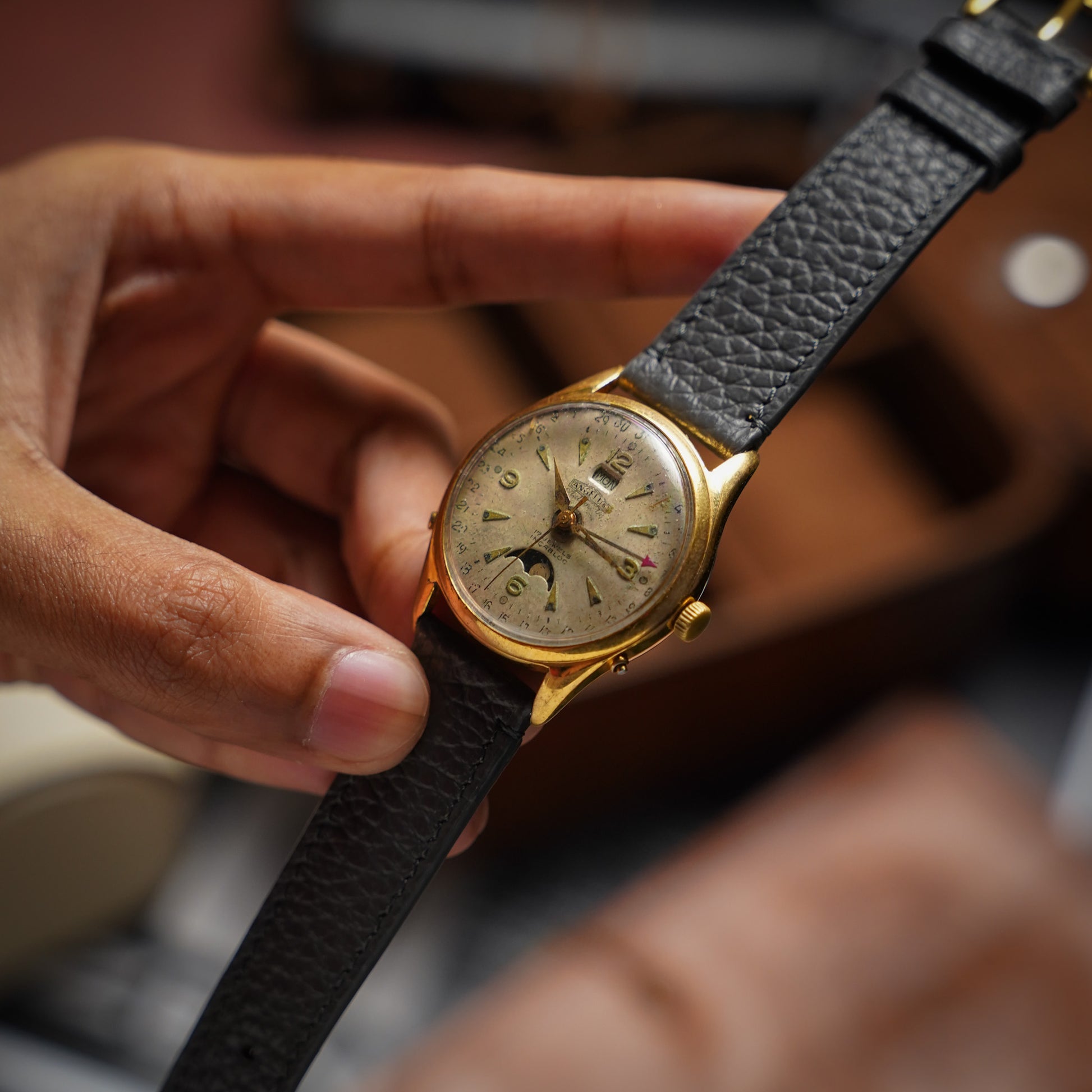 Bespoke Handmade Charcoal Grey Watch Strap on Vintage Angelus Datoluxe