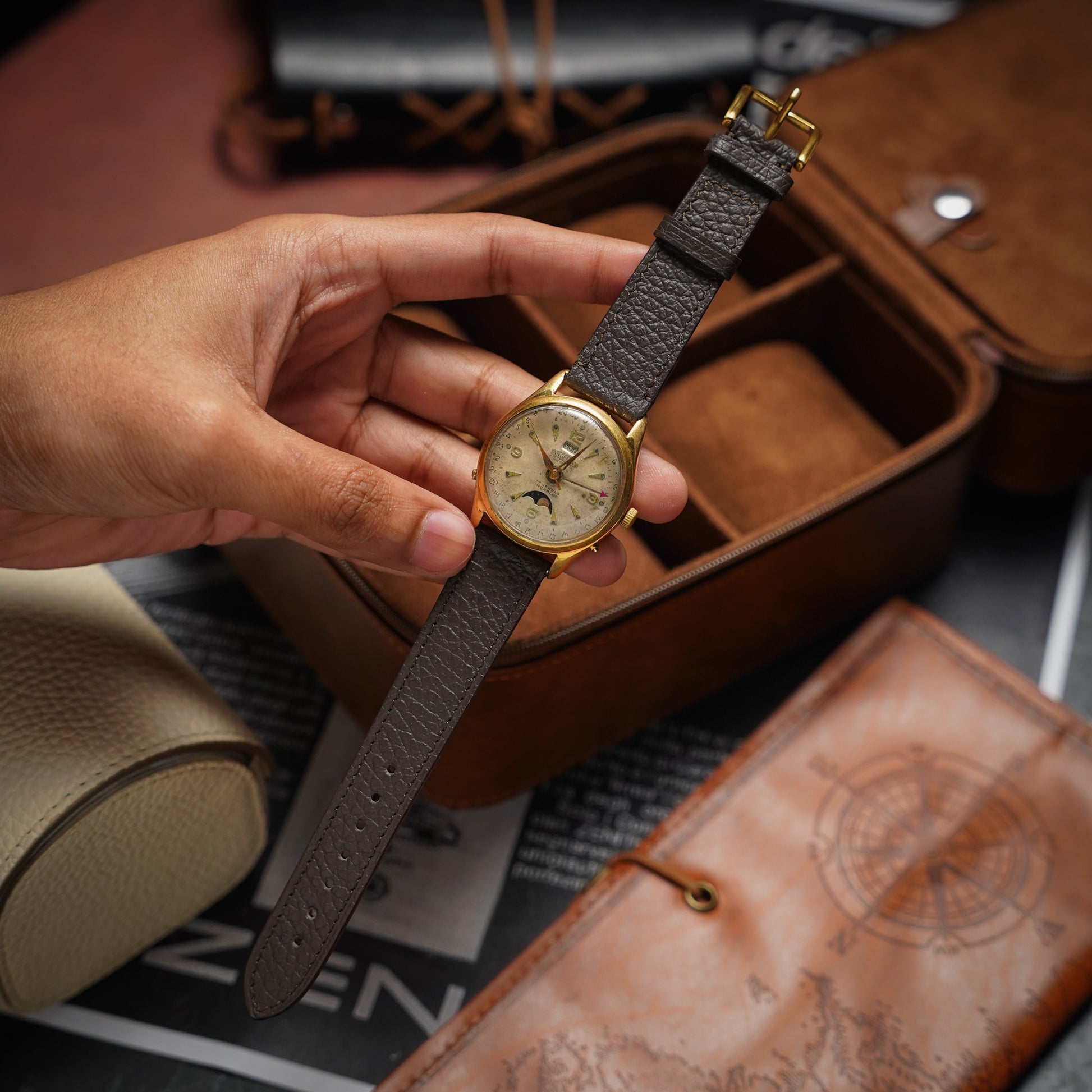 Bespoke Handmade Cocoa Brown Watch Strap on Vintage Angelus Datoluxe