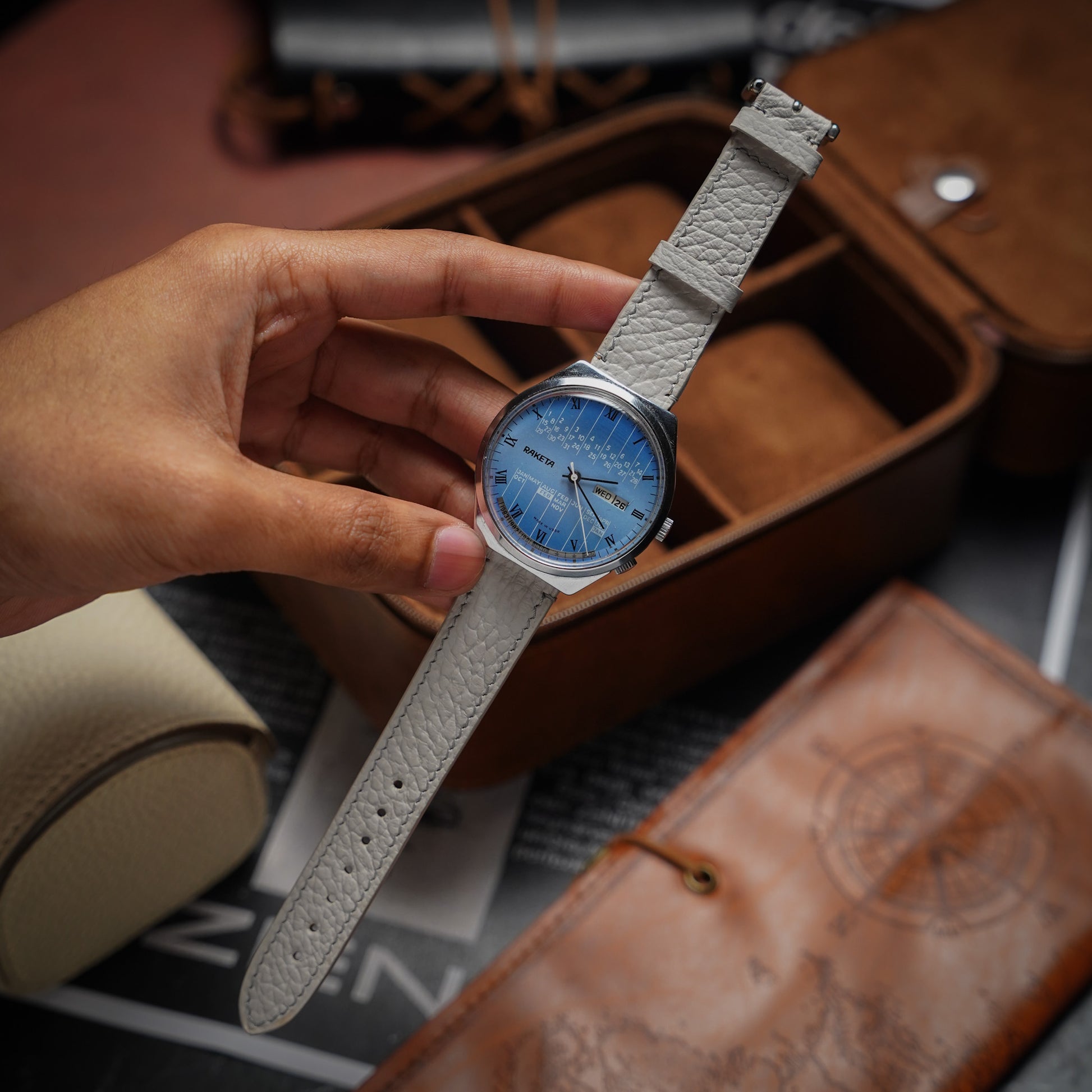 Bespoke Handmade Light Grey Watch Strap on Vintage Raketa